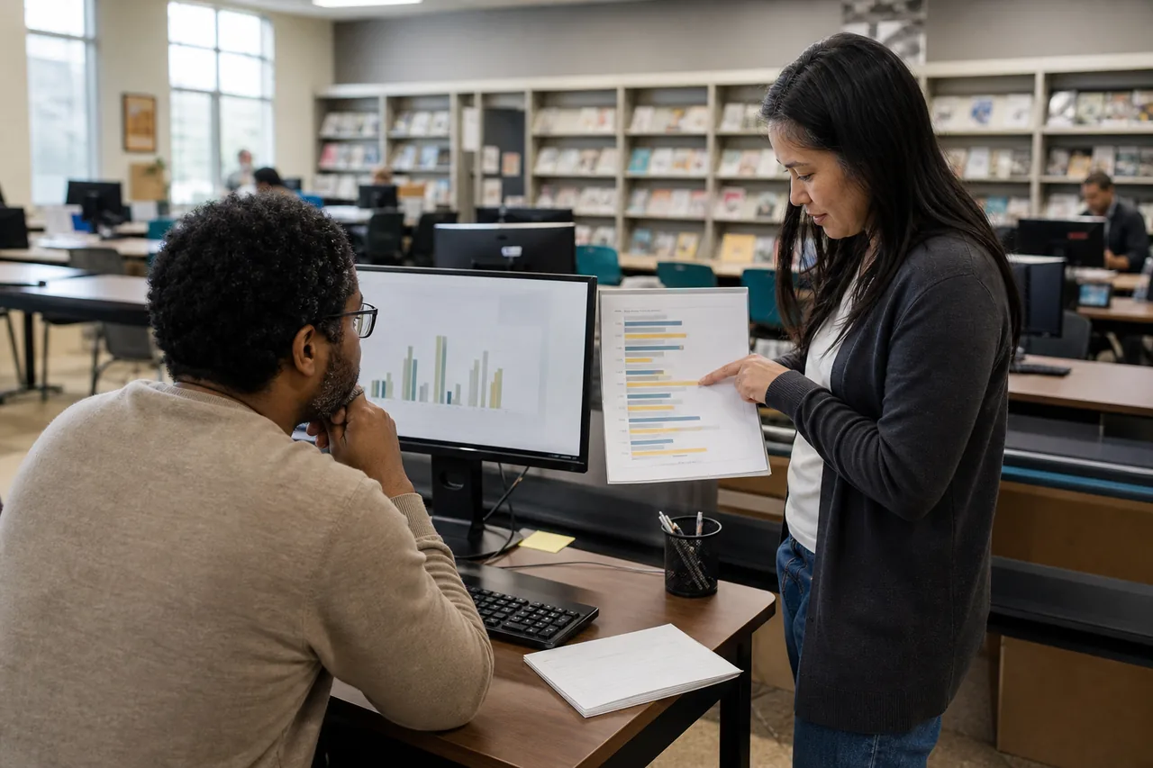 An adult learner and counselor comparing plain career charts at a public resource center