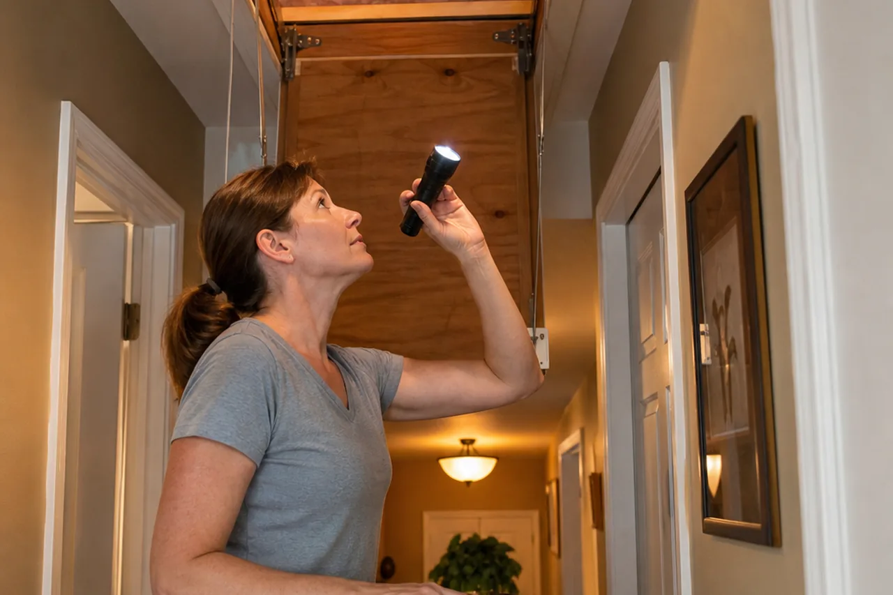 A homeowner using a flashlight to inspect insulation at an attic access hatch