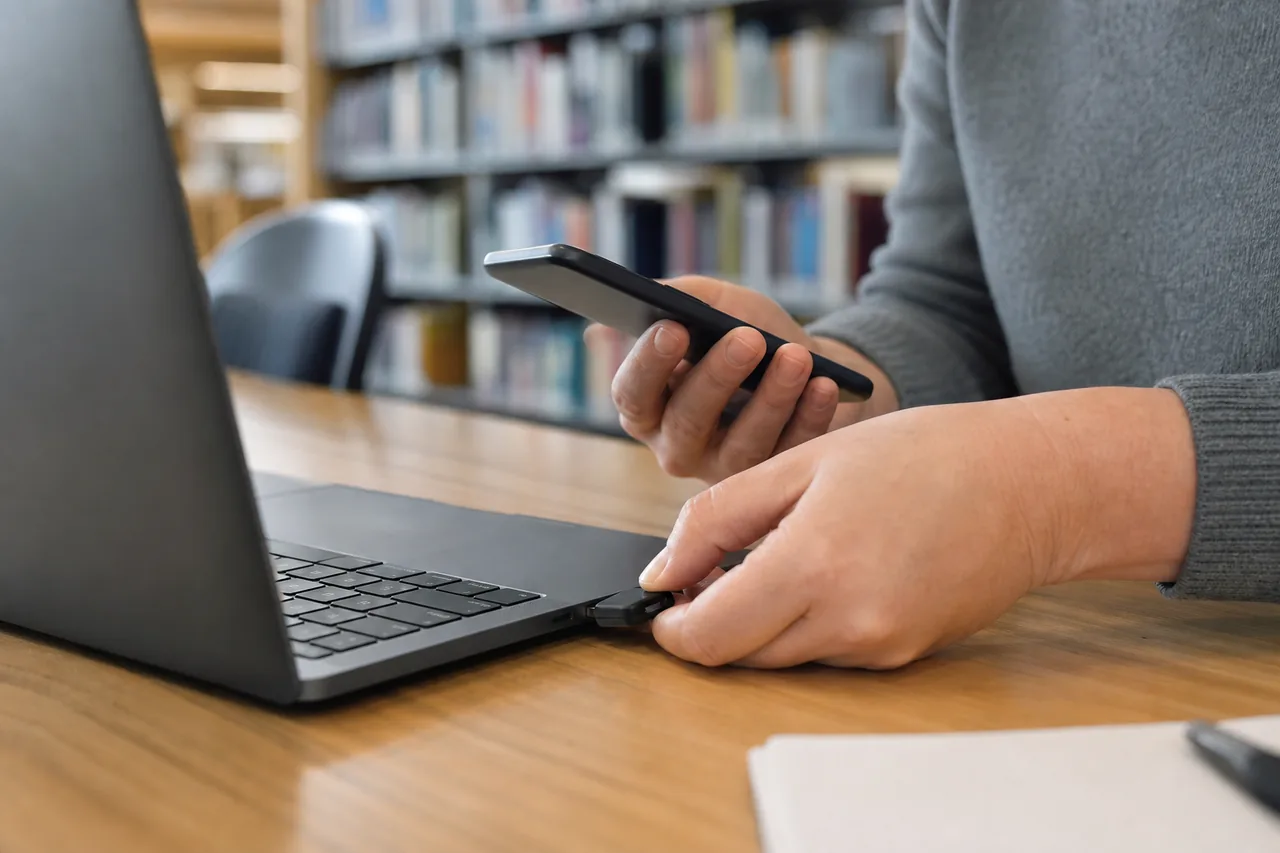 A person inserting an unbranded security key into a laptop while holding a phone