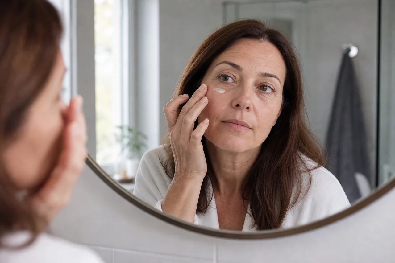 A middle-aged person gently applying moisturizer beneath one eye in a bathroom mirror
